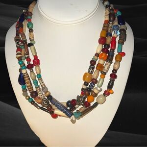 Massive 4 Strand Native American Beaded Sterling Silver Necklace